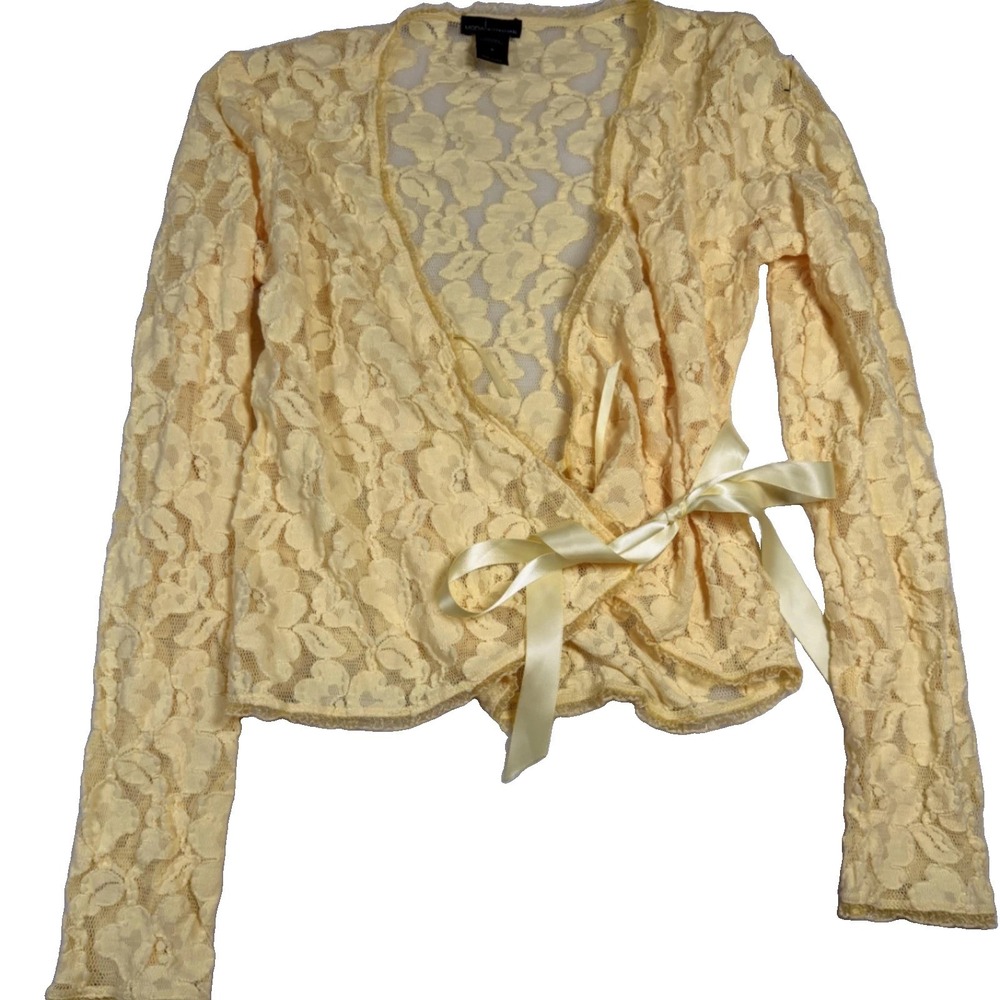 MODA INTERNATIONAL Blouse Womens Small Yellow Lace Wrap Tie Front Cropped Top‎